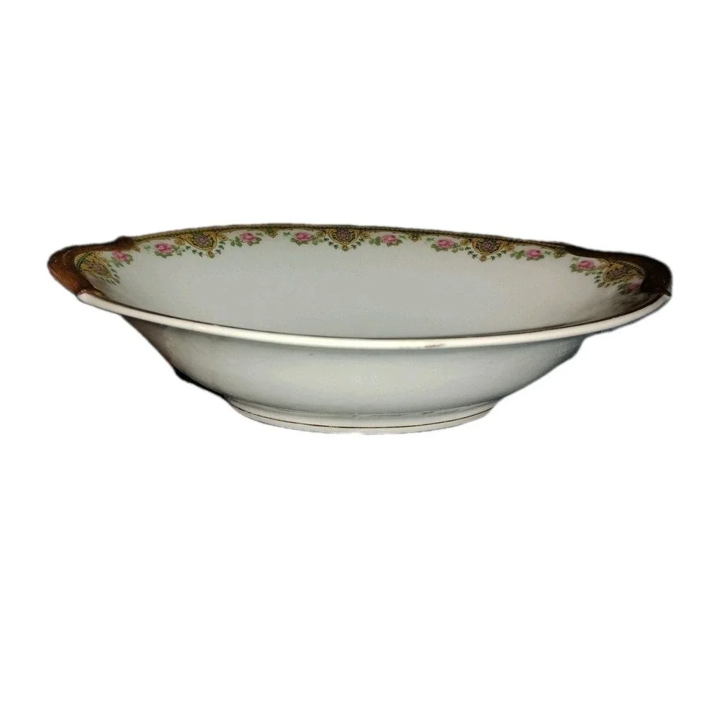 Antique U.C. Limoges Oval Bowl Serving Gilded Yellow Pink Floral Trim 2 handled‎